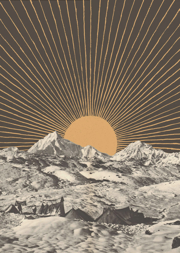A framed vertical art print featuring a vintage-style collage. A large, golden-yellow sun with radiating sunbeams is set against a dark brown sky, rising behind a black and white photograph of a snowy mountain campsite. Decor