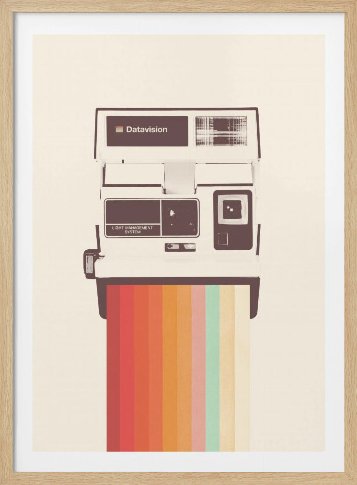 A graphic art print of a vintage white and brown instant camera against an off-white background. A long strip of rainbow-colored vertical stripes in muted tones emerges from the photo slot, creating a colorful cascade. Wall Art