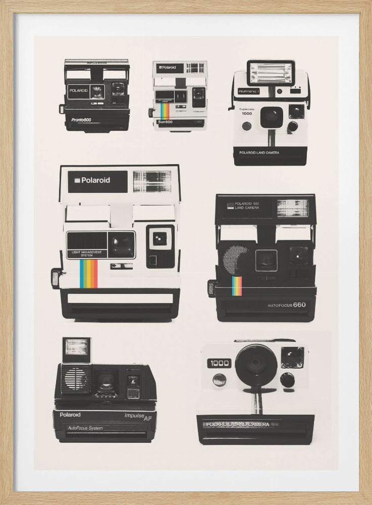 A poster featuring a graphic collection of seven different vintage Polaroid instant cameras against an off-white background. The image is rendered in a high-contrast, black and white style, creating a retro and nostalgic mood. Poster