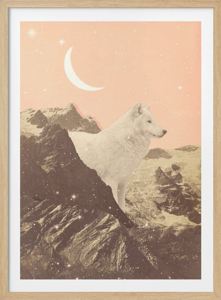 A mystical collage featuring a majestic white wolf standing on a rocky, snow-dusted mountain range. The sky above is a soft pink, adorned with a crescent moon and twinkling stars, creating a dreamlike and serene atmosphere. Print