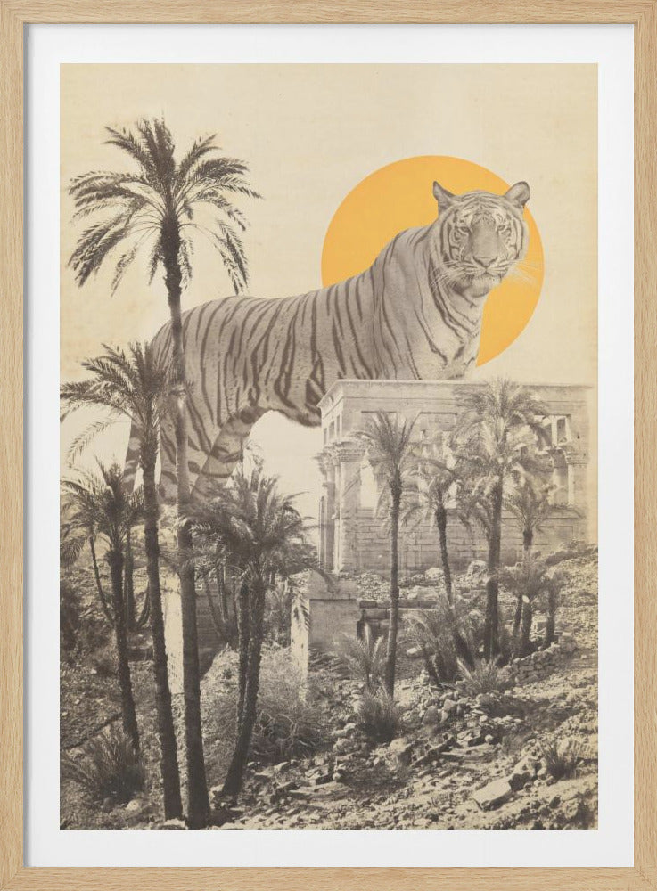 A surreal vintage-style collage featuring a giant black and white tiger standing over ancient ruins and palm trees, with a large solid yellow sun behind its head. Artwork