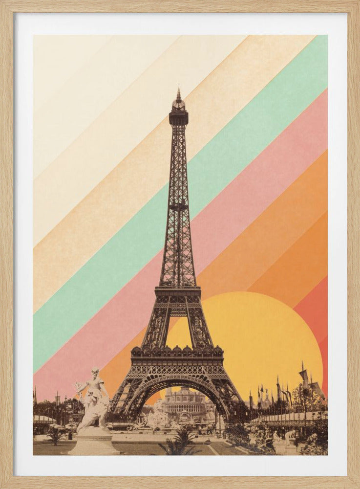 A vintage-style collage featuring a sepia-toned photograph of the Eiffel Tower set against a background of wide, diagonal stripes in pastel colors like cream, mint, pink, and orange. A large golden-yellow circle representing a setting sun is visible behind the tower. Artwork
