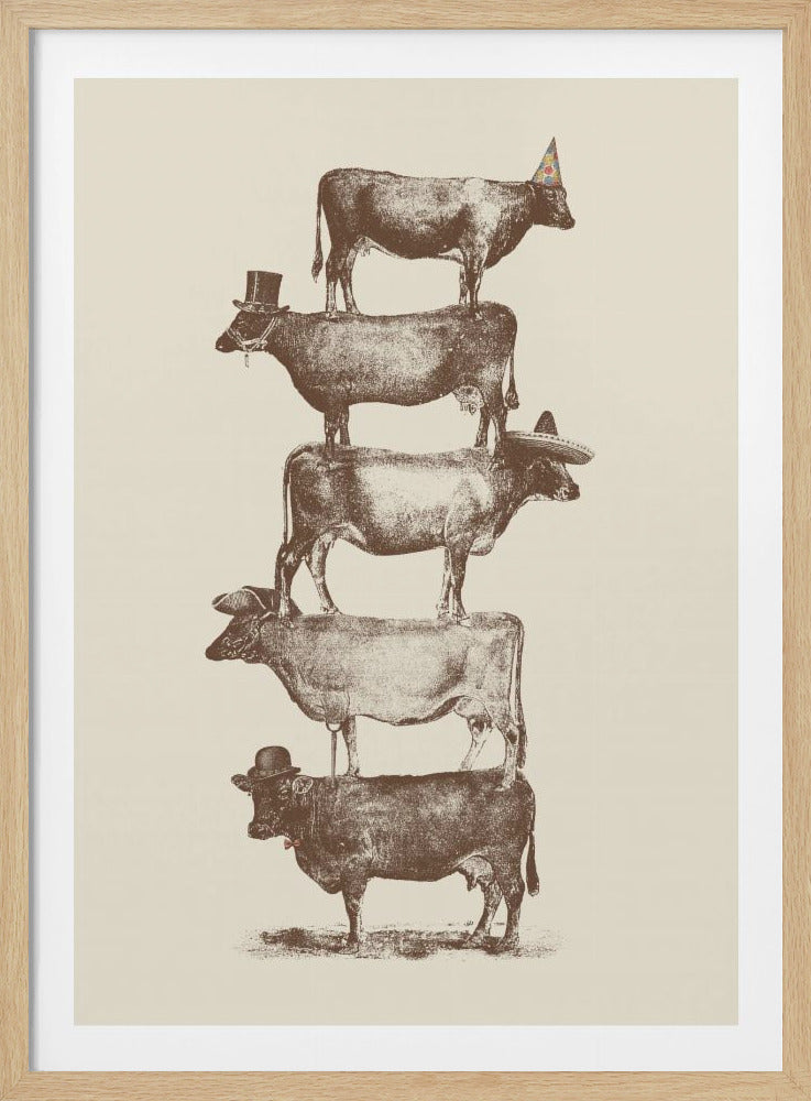 A vintage-style sepia drawing of five cows stacked vertically on top of each other against a beige background. Each cow wears a different hat: the top cow has a party hat, followed by a top hat, a sombrero, a bicorne hat, and a bowler hat on the bottom cow. Decor