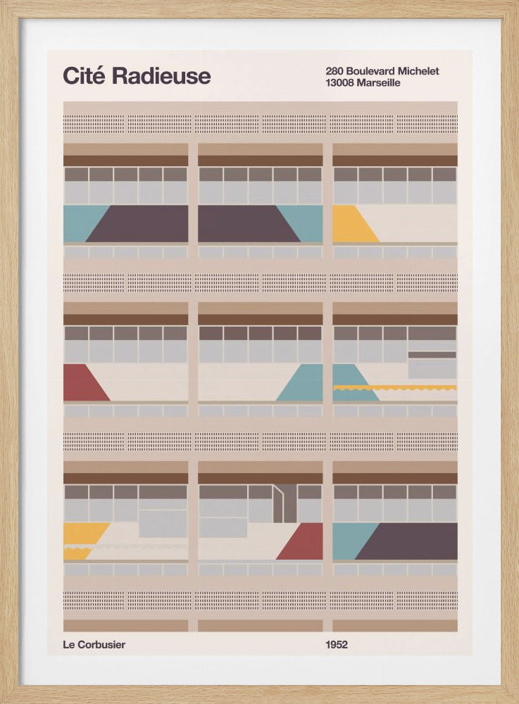 A minimalist art print of Le Corbusier's Cité Radieuse building in Marseille, dated 1952. The illustration features a grid-like depiction of the building's facade with geometric color blocking in muted shades of blue, red, and yellow against a beige and brown background, all within a black frame. Decor