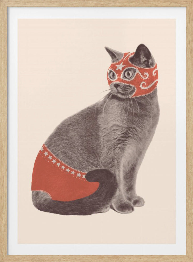 A vintage-style illustration of a gray cat sitting in profile, wearing a red Lucha Libre wrestling mask and matching red trunks with white star details, all set against a cream-colored background and framed in black. Artwork