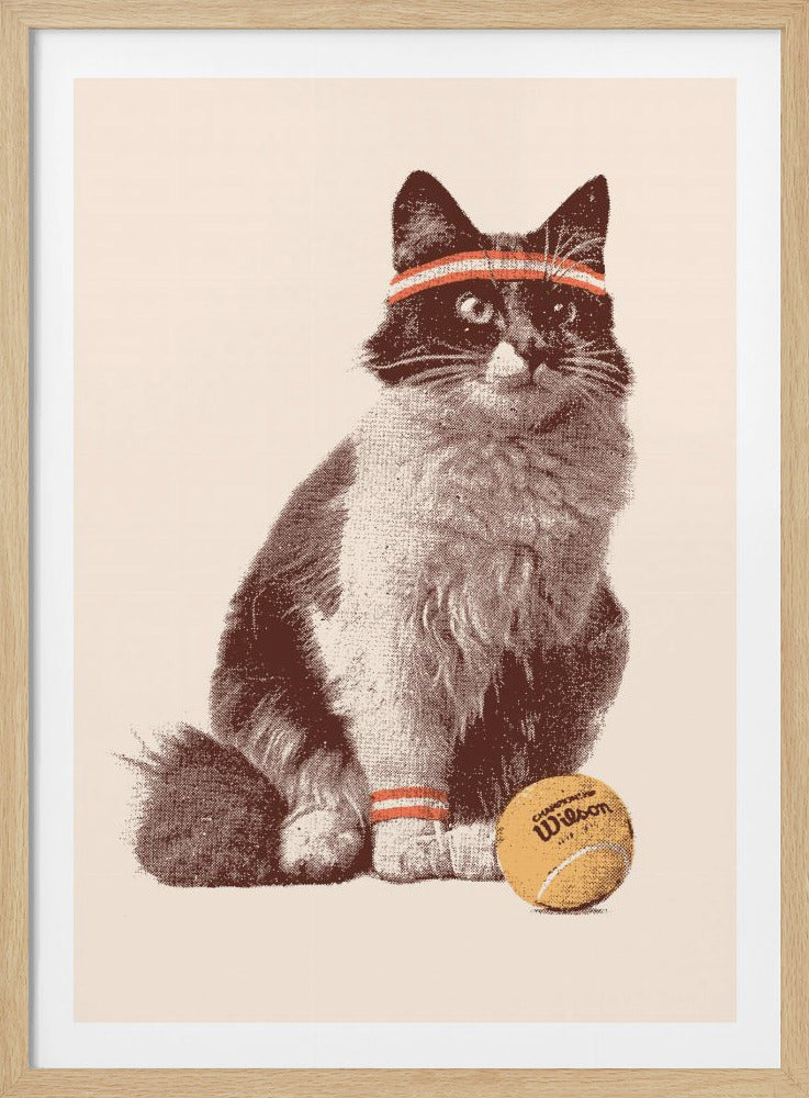 A retro-style print of a fluffy black and white cat wearing an orange and white striped headband and a matching wristband. The cat is sitting next to a yellow Wilson tennis ball against a cream-colored background, all enclosed in a thin black frame. Artwork