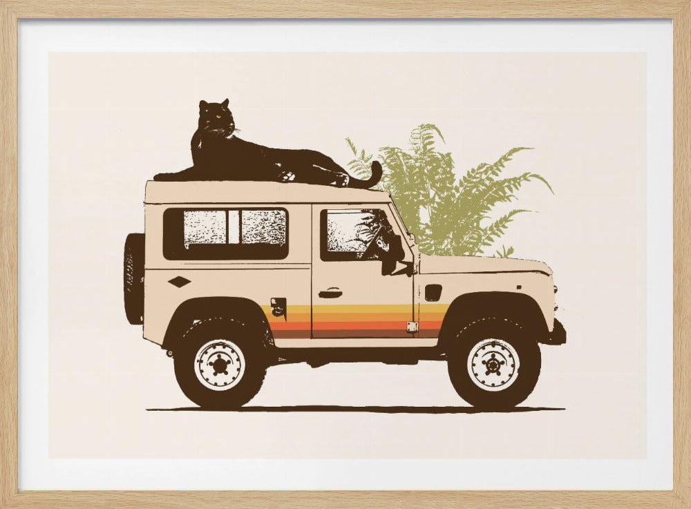 A graphic art print of a black panther lounging on the roof of a vintage, cream-colored off-road vehicle. The vehicle has horizontal stripes in shades of orange and yellow on the side. Green fern leaves are visible behind the vehicle, all set against a light, off-white background and framed in silver. Print