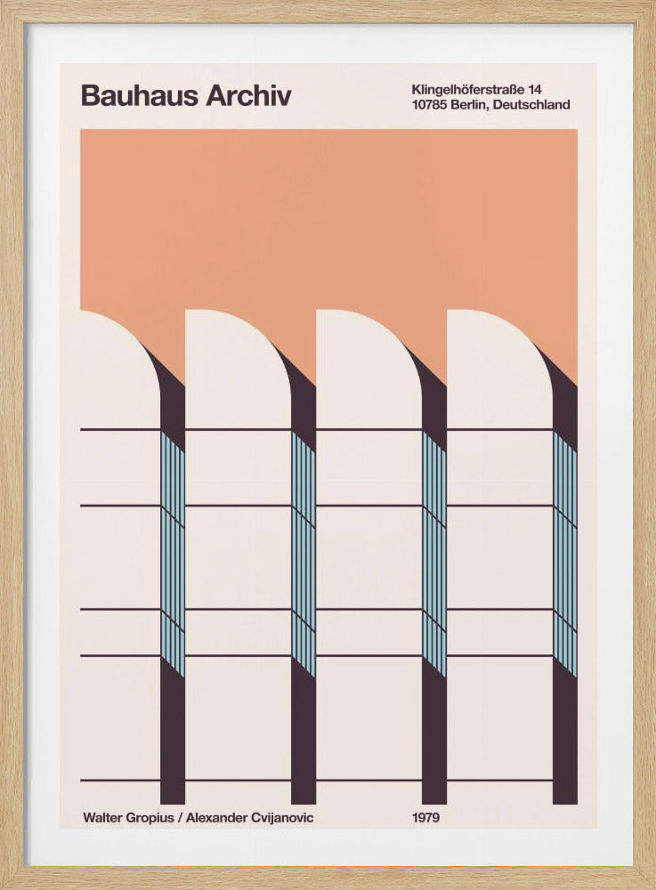 A minimalist poster for the Bauhaus Archiv, featuring a stylized, geometric illustration of the building's architecture. The design uses a color palette of peach, cream, charcoal, and light blue, with text at the top and bottom indicating the name, location, architects Walter Gropius and Alexander Cvijanovic, and the year 1979. Artwork