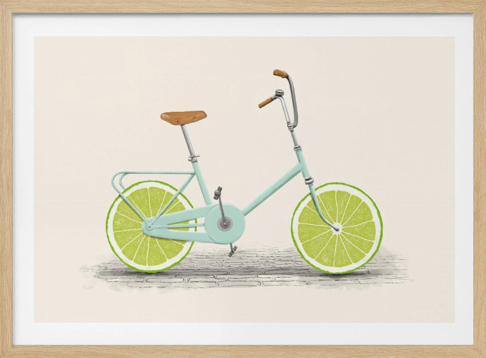 A whimsical illustration of a light mint green bicycle with wheels made from two large, vibrant slices of lime, set against a cream background and enclosed in a silver frame. Decor