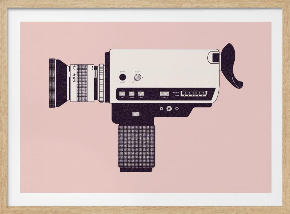 A graphic illustration of a vintage super 8 movie camera in profile, facing left. The camera is drawn in off-white and black with stippling details, set against a solid pale pink background and enclosed in a silver frame. Artwork
