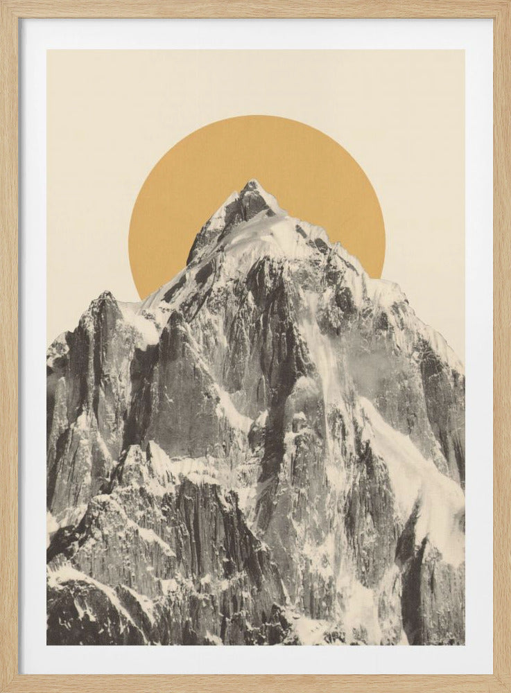 A minimalist art print featuring a black and white photograph of a sharp, snow-dusted mountain peak set against a light cream background. A large, solid ochre yellow circle is positioned behind the mountain, mimicking a sun. Poster