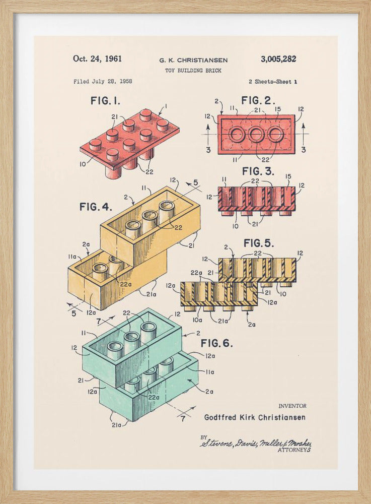 A framed vintage patent illustration for a toy building brick, dated 1961 by G. K. Christiansen. The cream-colored document features black-lined technical diagrams of the iconic interlocking bricks, with some figures colorized in red, yellow, and light blue. Print