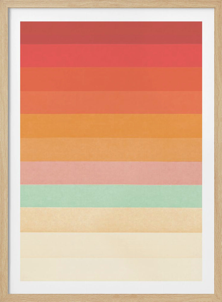 An abstract art piece in a black frame, featuring a series of horizontal stripes that create a color gradient. The colors transition from deep red at the top, down through warm orange and soft pink, to a cool mint green and finally to pale cream at the bottom. Poster
