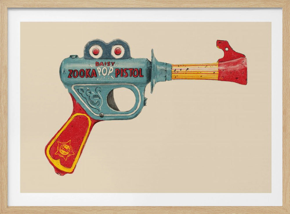 A vintage illustration of a 'Daisy Zooka Pop Pistol' toy gun. The gun is primarily blue with a red handle and a red tip on the yellow striped barrel, set against a plain cream background and framed in silver. Wall Art