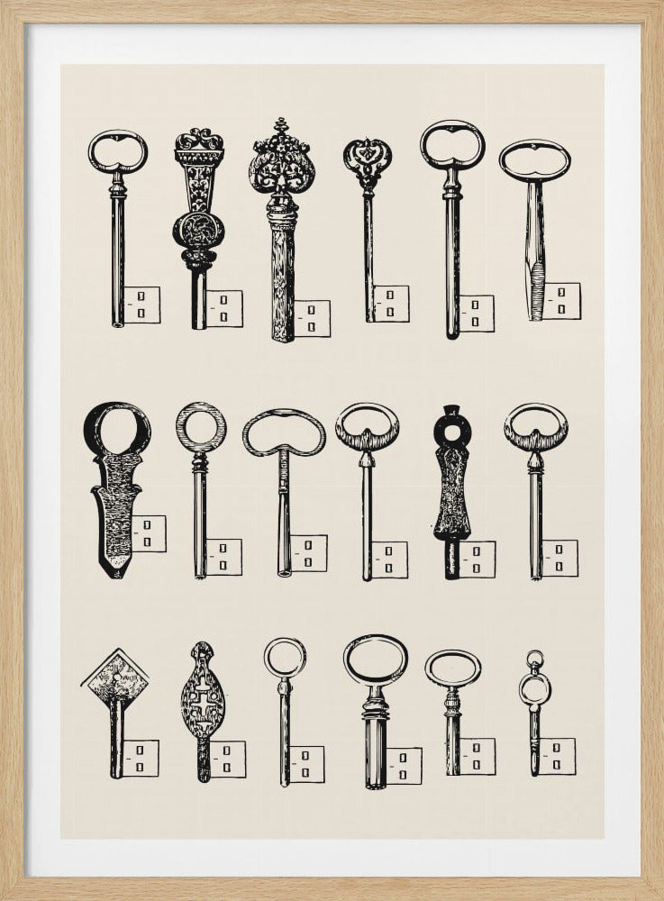 A framed vintage illustration showcasing a collection of eighteen different antique keys arranged neatly in three rows. Each key is a detailed black line drawing on a cream background, displaying a unique and often ornate design. The artwork has the appearance of a historical catalog or scientific chart. Artwork