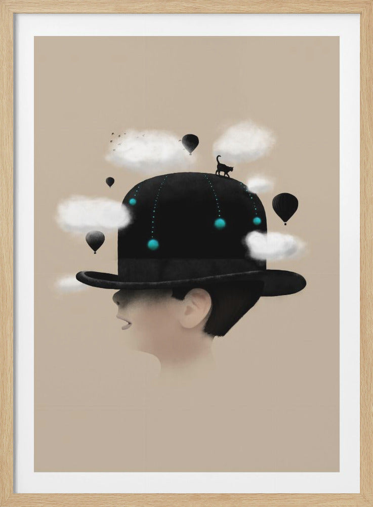 A surreal illustration of a person in profile wearing an oversized black bowler hat. The hat is a landscape with white clouds, black hot air balloons, and a small black cat walking on top. Glowing cyan orbs hang from the hat's brim against a neutral beige background. Poster