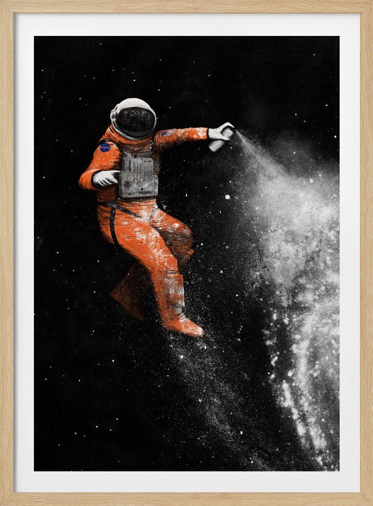 A surreal artwork of an astronaut in a vibrant orange spacesuit floating in black space, creating a galaxy with a white spray paint can. Print