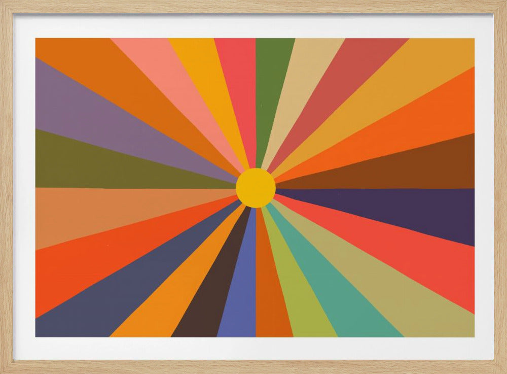 A colorful abstract artwork in a silver frame featuring a central yellow sun with radiating beams of various colors including orange, pink, green, blue, and brown, creating a retro sunburst effect. Wall Art