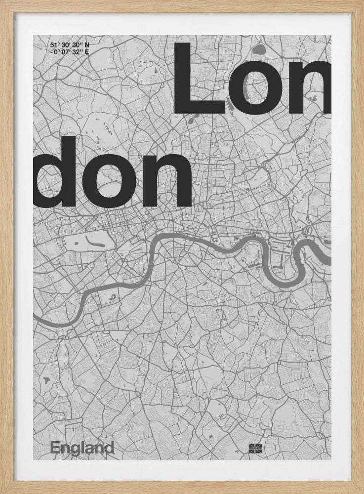 A framed, minimalist black and white street map of London. The word 'London' is split into two lines, 'Lon' and 'don', in large, bold black font overlaid on the light grey map. The River Thames snakes through the center in a darker grey, matching the intricate street grid. Coordinates are in the top left corner, and 'England' is in the bottom left. Decor