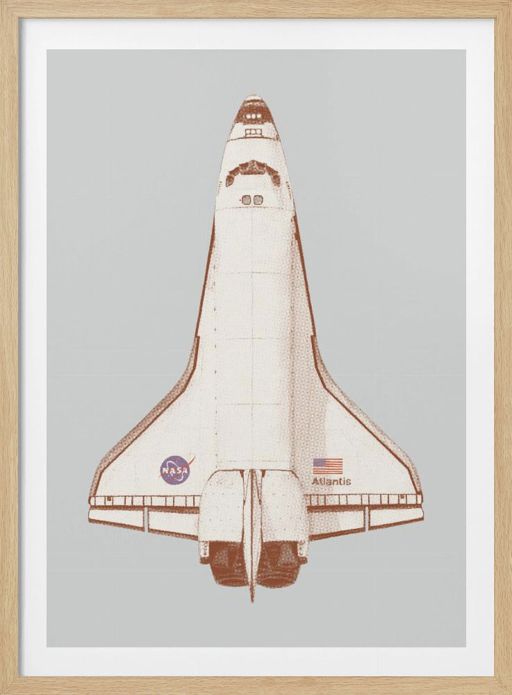 A framed graphic art print of the Space Shuttle Atlantis viewed from above. The illustration has a retro, halftone style with a brown and cream color scheme against a light gray background. The NASA logo, American flag, and the name 'Atlantis' are visible on the spacecraft. Poster