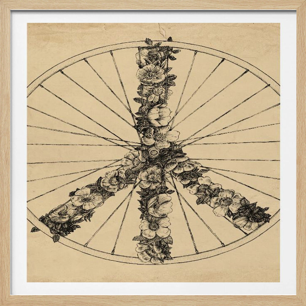 A framed, vintage-style ink drawing of a bicycle wheel. Inside the wheel, a peace sign is formed out of intricately drawn flowers and vines. The background has a textured, aged paper appearance in a sepia tone. Print