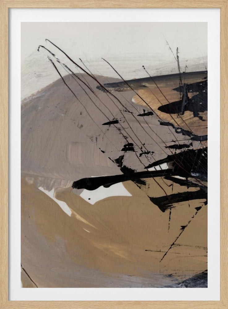 An abstract painting featuring a dynamic composition of earthy tones. Broad strokes of beige, taupe, and brown create a layered background, while sharp, energetic black lines and splatters streak across the canvas, adding a sense of motion and texture. Small areas of stark white provide points of contrast. The entire piece is framed in a simple black frame. Artwork