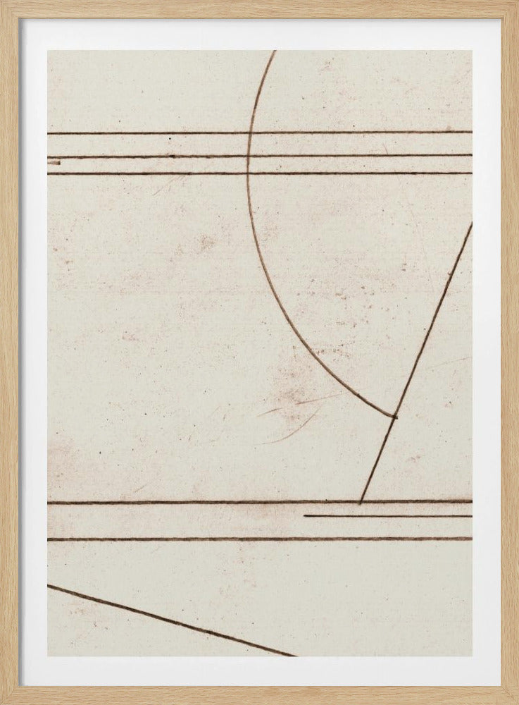 A minimalist abstract artwork in a black frame, featuring thin brown lines on a textured, off-white background. The composition includes parallel horizontal lines, a large circular arc, and intersecting diagonal lines, creating a clean, geometric design. Decor