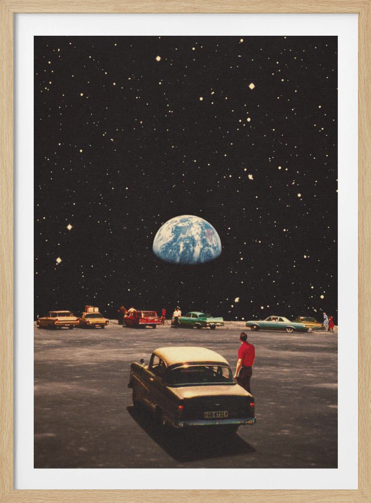 A surreal vintage collage depicting a drive-in movie theater on the moon. Several classic 1950s-era cars are parked on the lunar surface, with people standing around them looking up at the planet Earth, which hangs glowing blue and white in the starry black sky. Wall Art