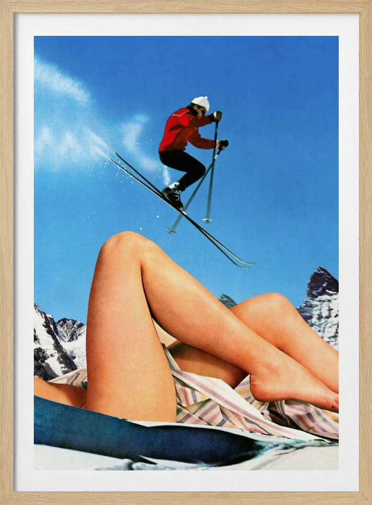 A surreal vintage-style collage featuring a skier in a red jacket jumping against a bright blue sky, with the foreground dominated by the bare legs of a person lounging in front of the snowy mountain landscape. Poster