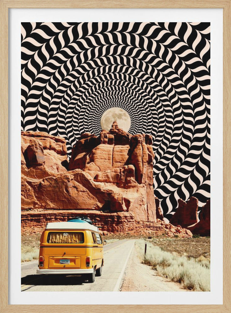 A surrealist collage featuring a yellow vintage camper van driving on a desert road towards red rock formations. The sky is a hypnotic black and white optical illusion pattern, with a large full moon at its center. Poster
