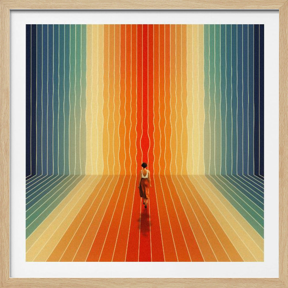 A surrealist artwork in a light wood frame depicting a woman seen from behind walking into a room with infinite perspective. The walls and floor are made of continuous, wavy vertical stripes in a rainbow gradient, starting with cool blues and transitioning to warm oranges and a central red path. Poster