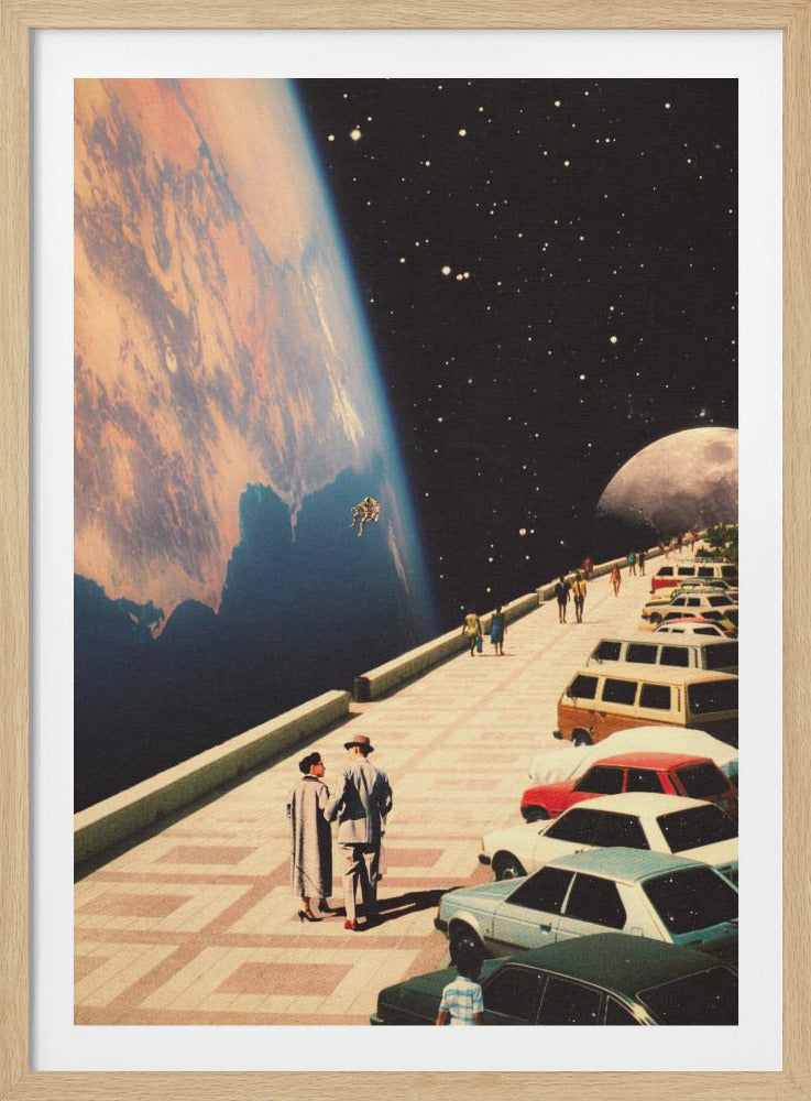 A surreal vintage collage depicting a paved road in outer space lined with classic cars and people in retro attire. The road overlooks the curve of a giant planet against a black, star-filled sky with a moon and a floating astronaut. Decor