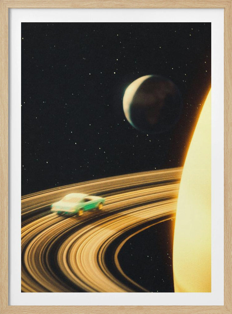 A surreal vintage-style artwork showing a teal-colored classic car driving on the golden rings of a planet in outer space. The background is a dark, starry sky with another planet visible in the distance. Artwork