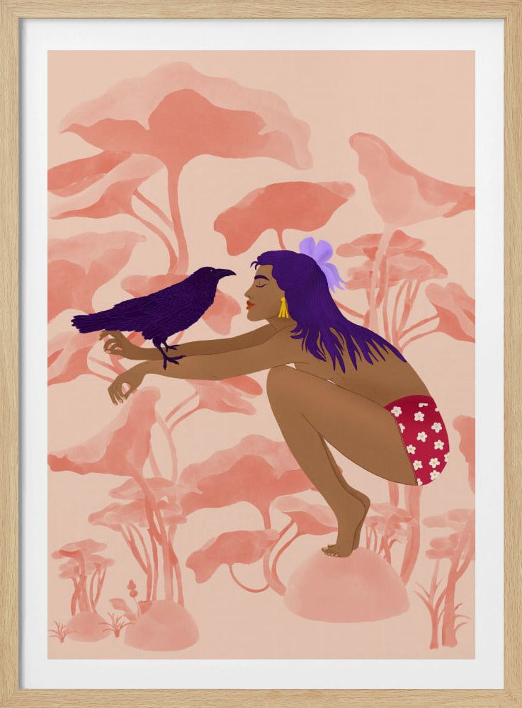 A stylized illustration of a woman with long purple hair and brown skin, crouching in a fantastical pink landscape. She is looking at a dark purple crow perched on her arm. Wall Art