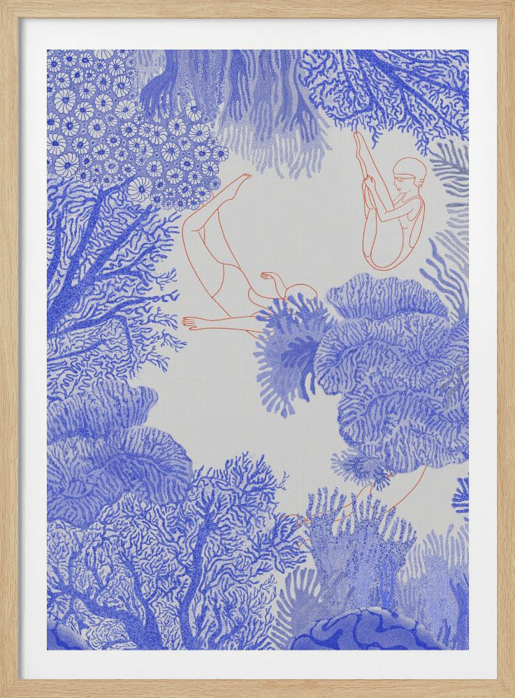 A stylized, framed illustration depicting two swimmers, outlined in a thin red line, floating in a central white space. They are surrounded by an intricate and dense border of various blue corals and sea anemones, rendered in a detailed dot-work style. Artwork