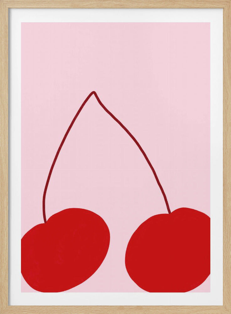 A minimalist illustration of two bright red cherries with conjoined dark red stems against a solid light pink background, enclosed in a thin black frame. Decor