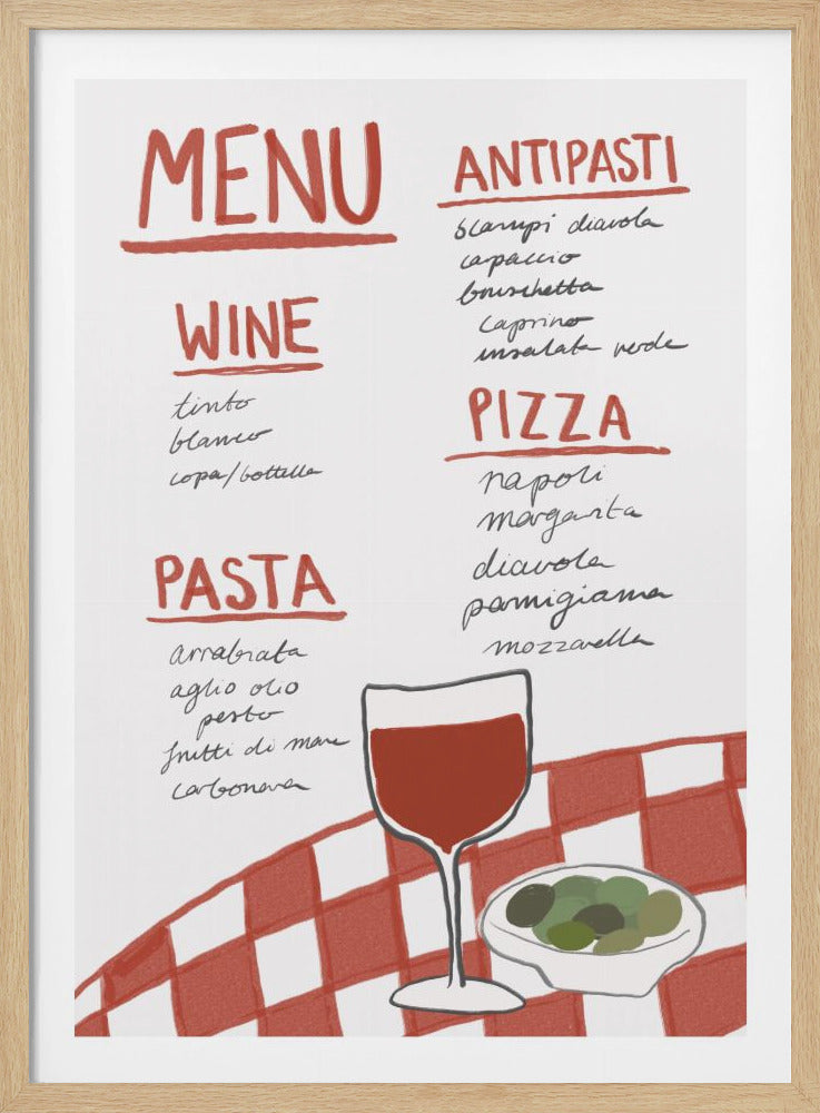 A framed illustration of a hand-drawn Italian menu featuring sections for wine, pasta, antipasti, and pizza. In the foreground, a glass of red wine and a bowl of olives rest on a red and white checkered tablecloth. Print