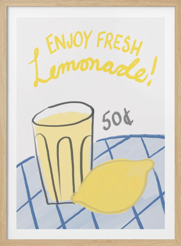 A whimsical, hand-drawn illustration advertising 'Enjoy Fresh Lemonade!'. The poster features a glass of lemonade and a whole lemon resting on a blue and white checkered tablecloth, with the price '50¢' written to the side. Print
