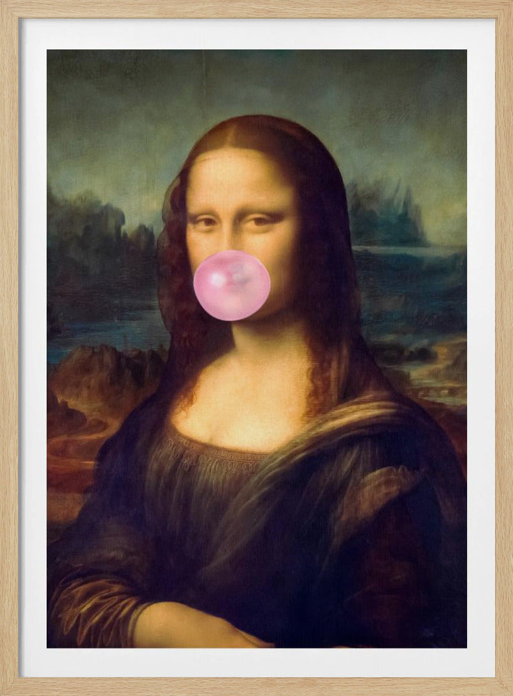 A humorous parody of the classic Mona Lisa painting, where the subject is blowing a large, bright pink bubble of chewing gum. The iconic portrait maintains its enigmatic smile, now partially obscured by the modern, playful addition, all within a simple black frame. Poster