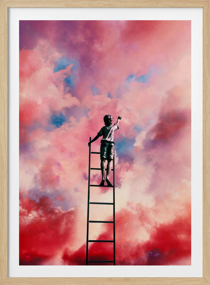 A surreal artwork of a person standing on a black ladder against a dramatic sky filled with fluffy pink and red clouds, with glimpses of blue. The person's back is to the viewer, and they are reaching one arm up towards the colorful sky. Poster