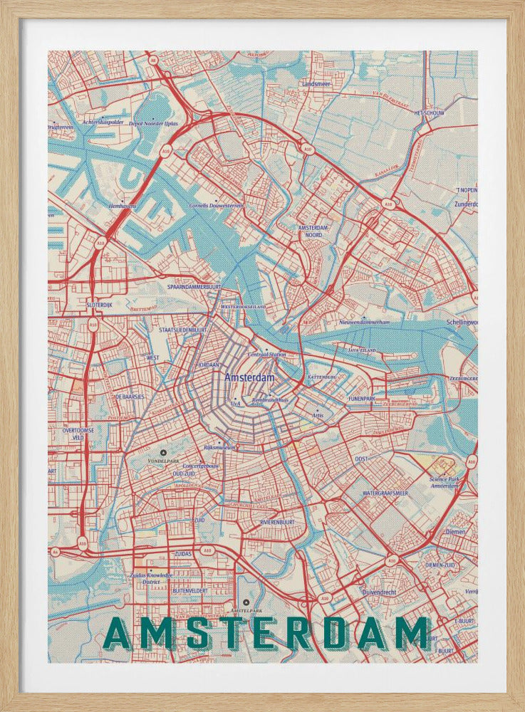 A stylized, retro-style map of Amsterdam, Netherlands, displayed within a black frame. The map features a network of red roads, light blue canals and waterways, on a cream-colored background, with the word 'AMSTERDAM' in large, dark teal letters at the bottom. Wall Art