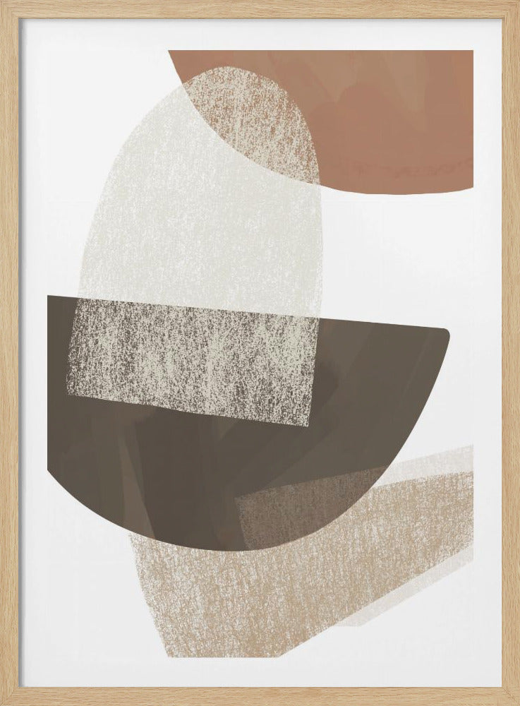 A modern abstract artwork in a black frame, featuring overlapping shapes in earthy tones of brown, beige, and off-white against a white background. Some shapes are solid colors, while others have a grainy, textured appearance, creating a sense of depth and layering. Wall Art