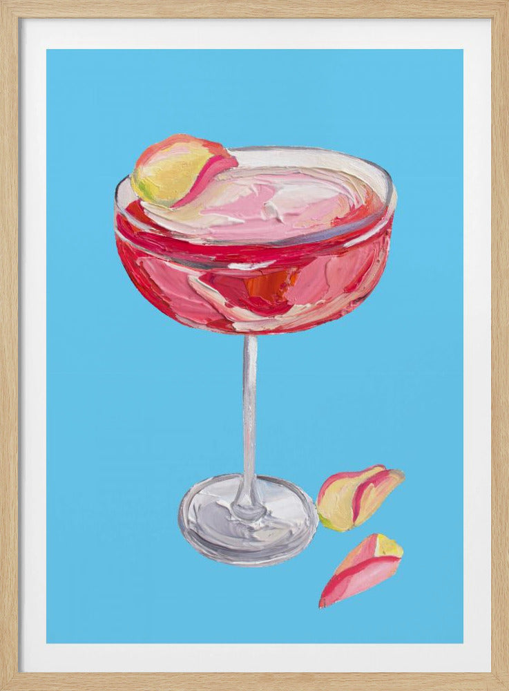 An impasto-style painting of a pink cocktail in a coupe glass against a vibrant blue background. The drink is garnished with a yellow and pink petal, and two more petals rest beside the silver base of the glass. The artwork is characterized by thick, visible brushstrokes. Artwork
