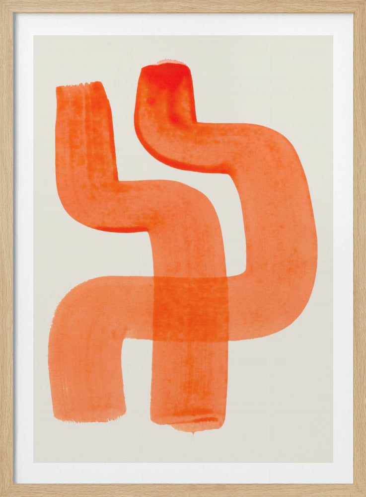 An abstract watercolor painting in a black frame, featuring a single, thick, winding brushstroke in a vibrant reddish-orange color on a white background. The line curves and overlaps itself, creating a darker, more saturated orange square at the intersection. Print