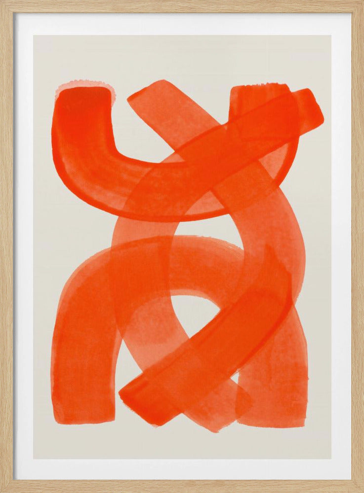 A modern abstract art piece in a thin black frame, featuring broad, vibrant orange brushstrokes that twist and overlap on a cream-colored background. Decor