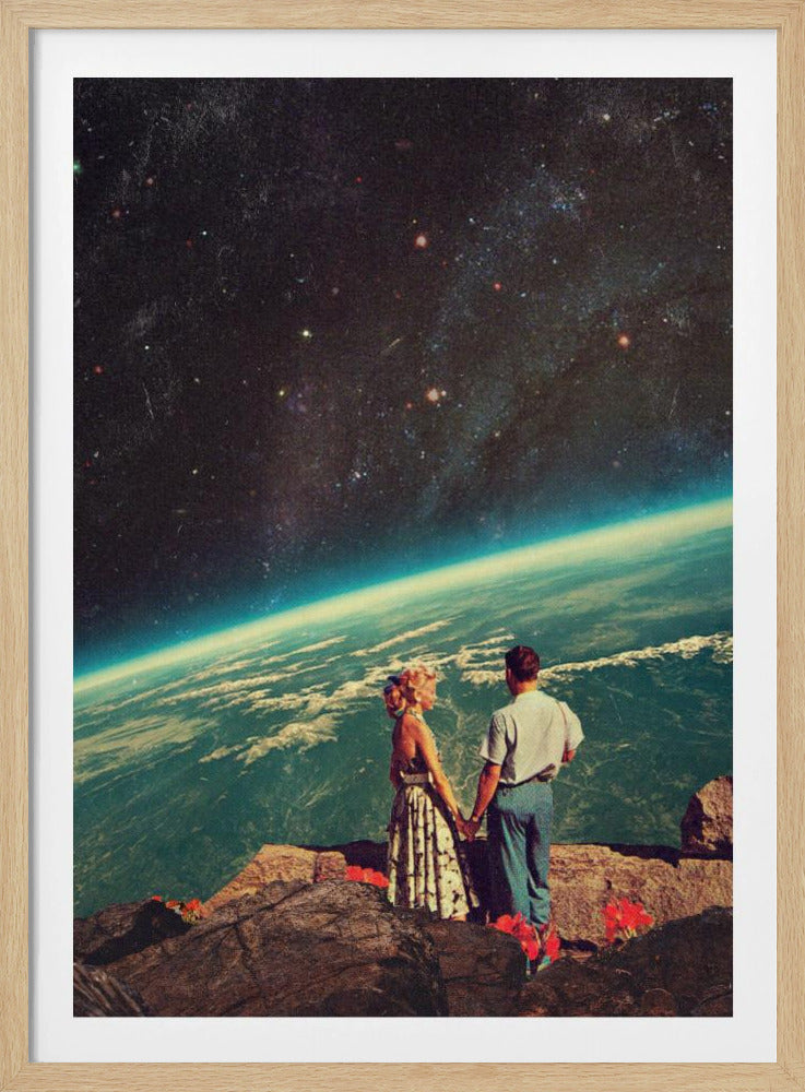 A vintage-style collage depicting a couple from the 1950s holding hands on a rocky cliff, overlooking the curve of the Earth from space with a vast, starry galaxy above them. Wall Art