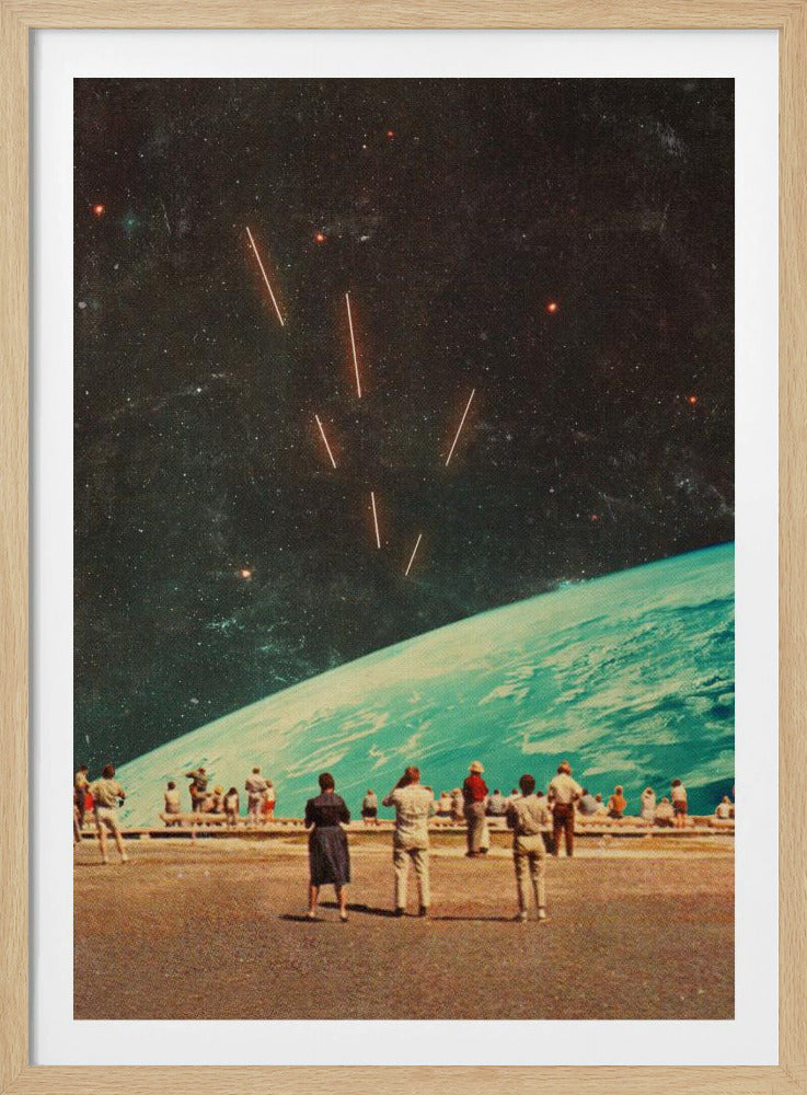 A surreal vintage collage showing a crowd of people standing on a viewing platform, looking out at the curve of the Earth from space. The sky is filled with stars and faint orange streaks resembling meteors. Print