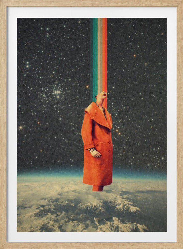 A surreal collage featuring a person in a bright orange coat standing above the Earth, looking up as a colorful retro stripe beams from their head into the starry cosmos. Print