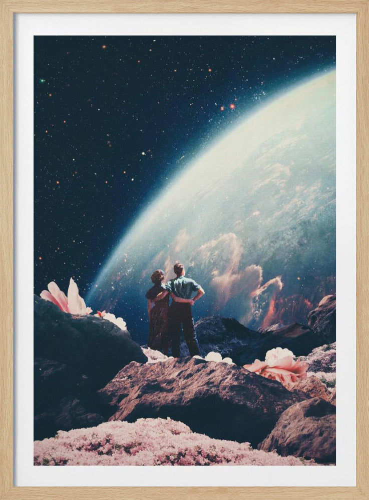 A surreal collage showing a couple standing on a rocky, alien landscape dotted with large pink flowers, gazing up at a vast, star-filled cosmos dominated by the glowing curve of a massive planet. Decor