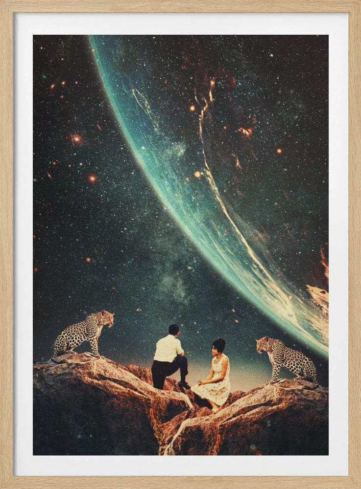 A surreal vintage-style collage depicting a man and a woman sitting on a rocky cliff, flanked by two leopards, as they gaze upon the vast expanse of a star-filled galaxy and a large, glowing planet looming in the sky. Decor